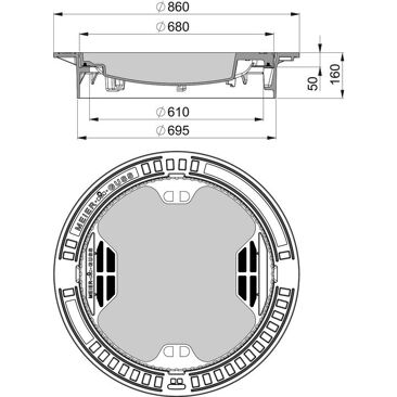 MEIERGUSS | Material: Voll-Guss-Rahmen/Beton-Guss-Kleeblatt-Deckel | Format: LW=600 mm H=160 mm